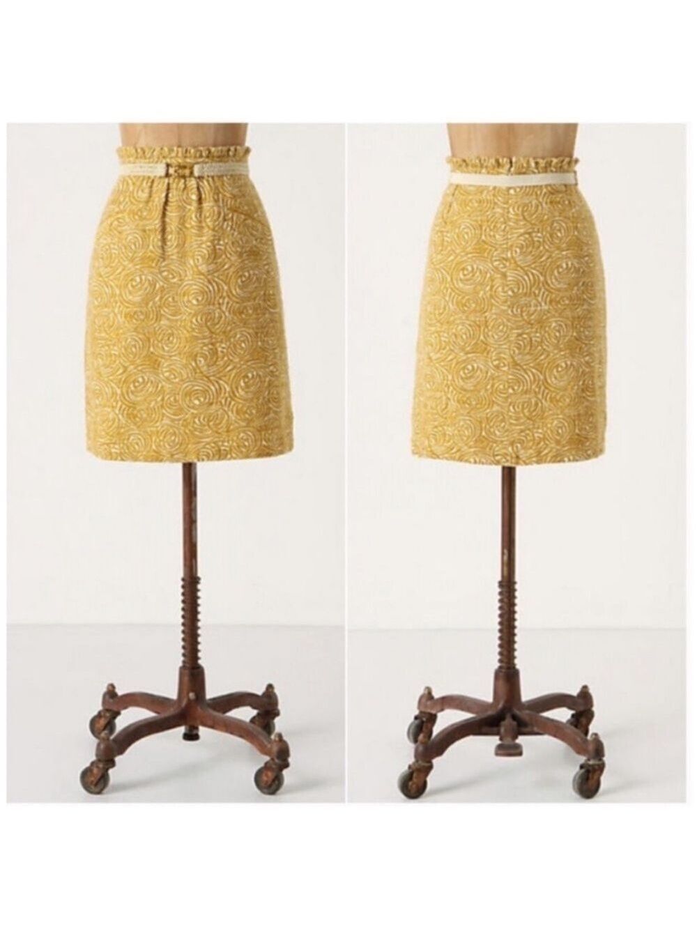 Anthropologie Elevenses Painted Morning Yellow Linen Blend Belted Skirt, size 0